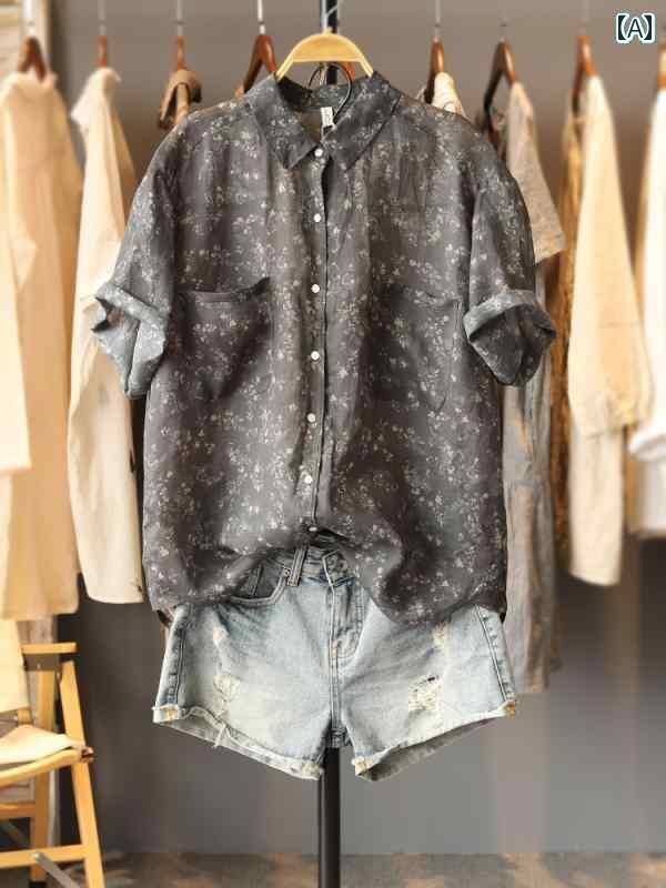 レディース　　シャツ　トップス 2025 夏 カジュアル アーティスティック リネン プリント ポケット シャツ レトロ小 花柄 年齢を 感じさせにくい フレッシュ