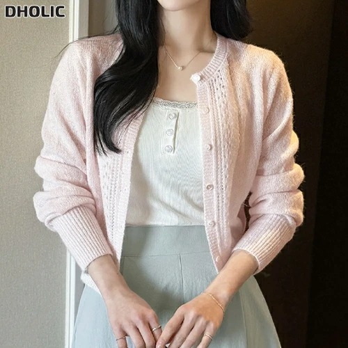 ニットウール混ボタンラウンドネックパンチングベーシック長袖カーディガン・1956318