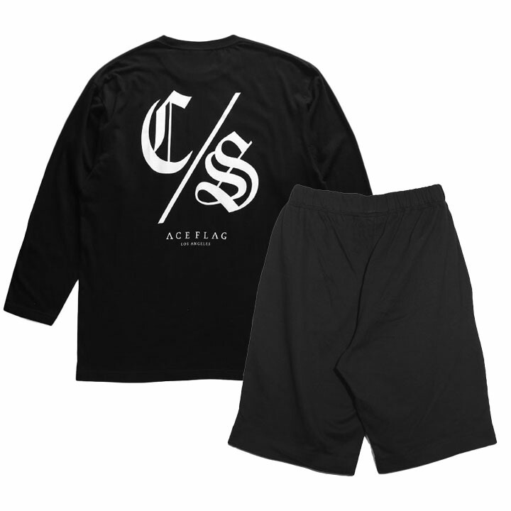 ACE FLAG 上下セット 長袖 Tシャツ ロンT ブランド スウェット ハーフパンツ メンズ 春秋冬用 黒 大きいサイズ エースフラッグ セットアップ CS