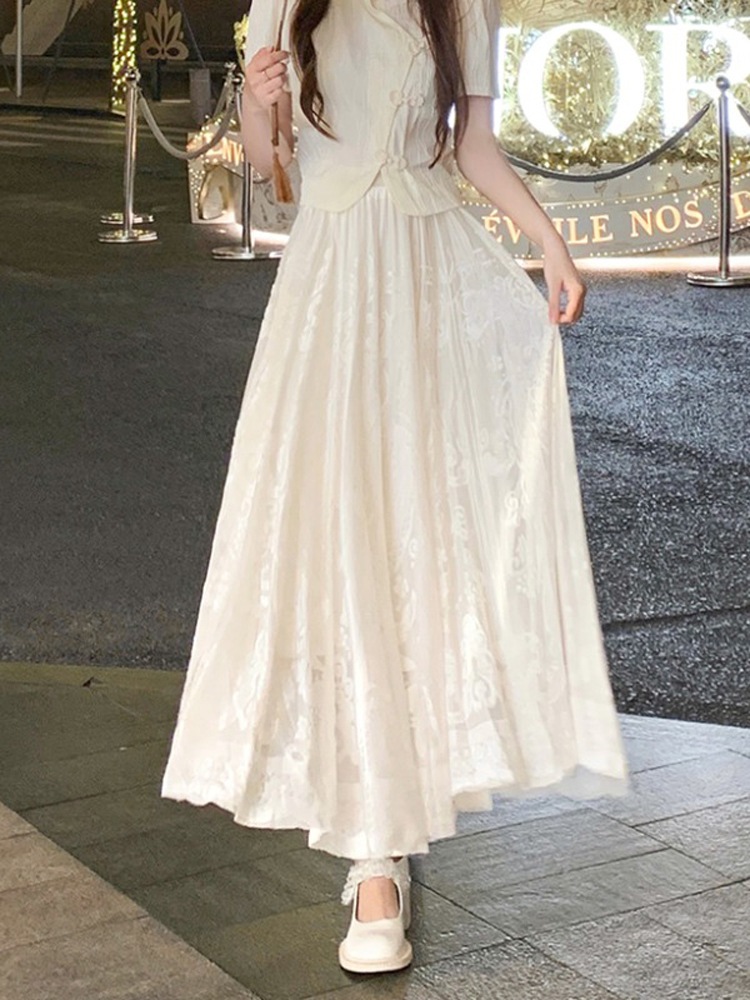 女性のための新しい風レースかぎ針編みメッシュスカート夏ミッドレングス弾性ウエストスリミングaライン大きな裾スカート