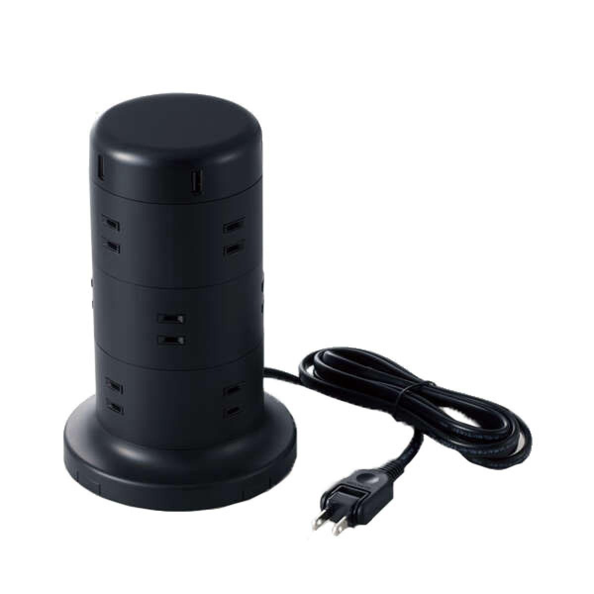 エレコム(ELECOM) タワー型12口タップ2m TT-U02-1220BK ブラック　コンセント テレワーク リモートワーク 電源タップ 省スペース