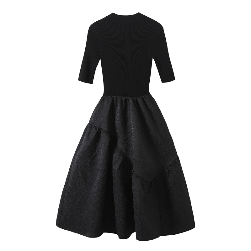 ドッキングリブニットワンピース 異素材 ワンピース ドレス 半袖 ニットワンピース ブラックワンピース ラウンドネック 綺麗め ブラックコーデ OLコーデ オフィス お呼ばれコーデ a4563