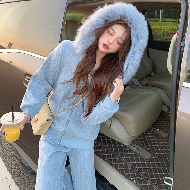 【セットアップ】ファーフード付きジャケット＋ガウチョパンツ set up レディース 秋冬 可愛い トレンド ２カラー D419