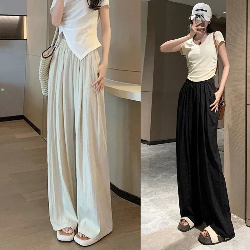 【急速出荷!】1つ買うと10個アイスシルク ワイドパンツ ゆったり ハイウエスト 垂れ感 日焼け防止 ズボン 凉しく 快適 プリーツ レディース ズボン