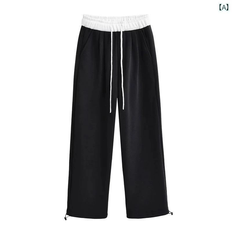 パンツ レディース 冬用 アメリカ製 ドローストリング ハイウエスト ベルベット カラー ブロック ウエスト スリム ワイド レッグ ストレート カジュアル