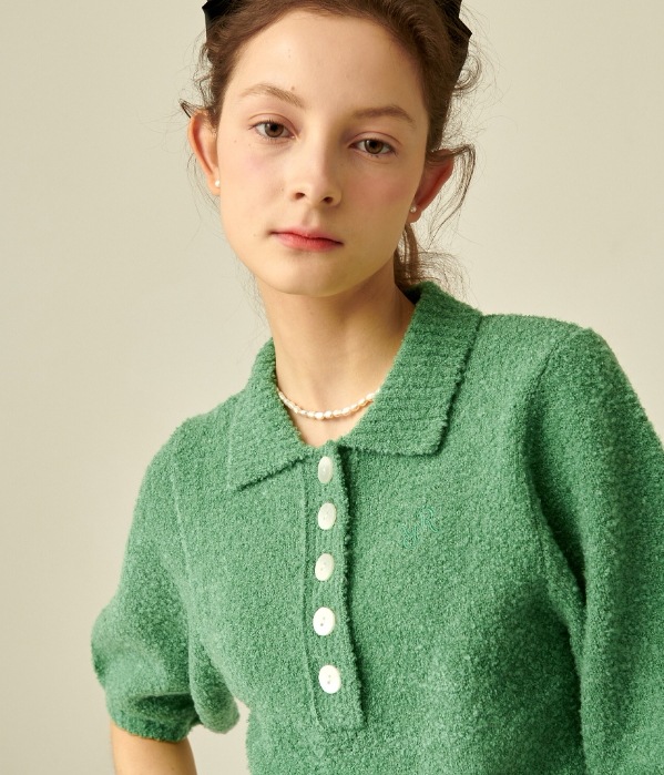 【RONRON】 BUTTON COLLAR KNIT : GREEN