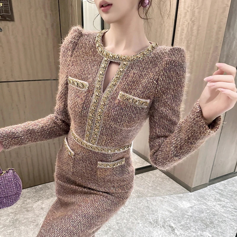 2025 冬 ドレス ワンピース 新作 おしゃれ 透かし彫り デザイン感 厚手 ツイードワンピース パーティードレス レディース