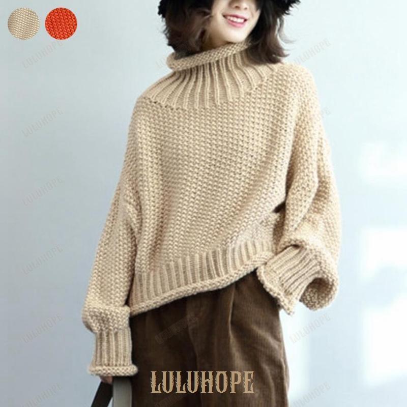 チャンキーニット セーター レディース オーバーサイズ 厚手 ハイネック ショート丈 トップス ドロップショルダー プルオーバー 無地