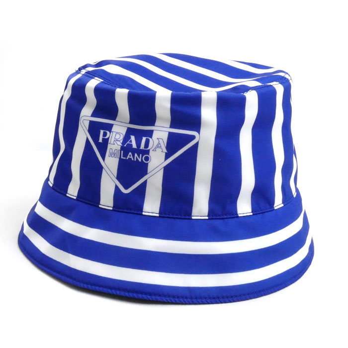 PRADA プラダ ストライプ Re-Nylon ハット ブルー ホワイト 1HC137 2FOJ IC M レディース 中古 美品