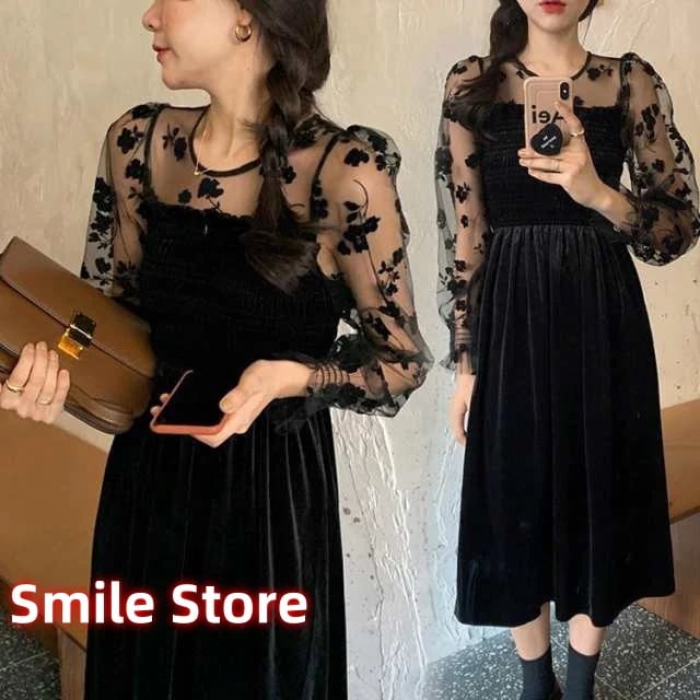 大人 ベルベットスカート 40代 ワンピースドレス 秋冬 長袖ワンピース 黒レースワンピース シースルー 韓国風 マキシワンピース きれいめ レディース オシャレ