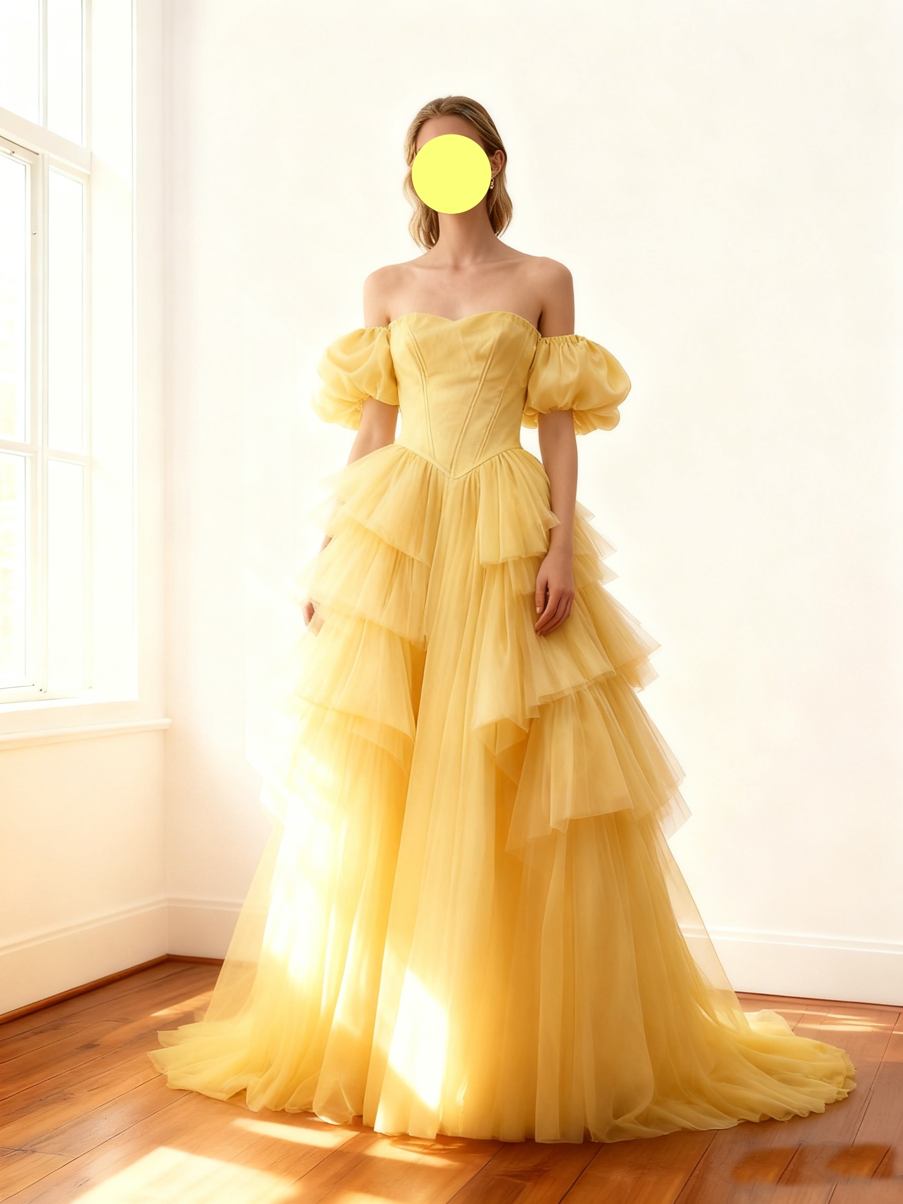 カラードレス 黄色い 取り外し可能な付け袖 ソフトチュール 目立つ トレーン 色直し 結婚式 49,536円