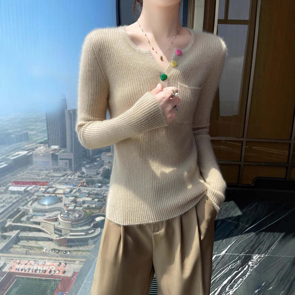 カラフルなバックルデザイン万能なベビーカシミアセーターVネックハーフオープンネックスリムフィット万能なニットウェアベースレイヤー