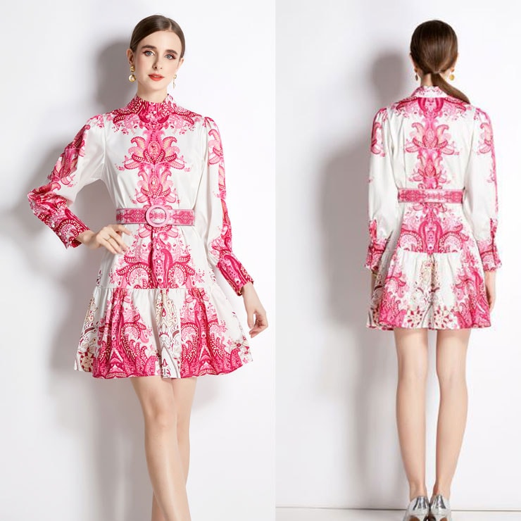 【5,814円クーポン利用で 9/20まで】 ペイズリースタンドカラーワンピ―ス ワンピース ドレス ドレス 二次会 結婚式 大人 上品 入園式 卒業式 入学式 OL レディース 柄物 春 夏 秋 冬