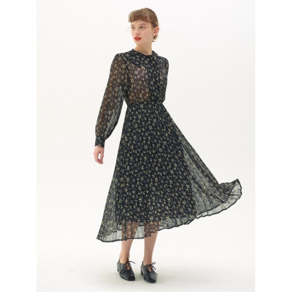 GANISONG 花柄シフォンプリーツワンピース_ブラック