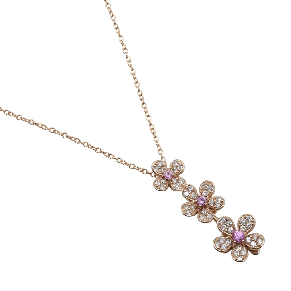 Ponte Vecchio ポンテヴェキオ フラワー ネックレス K18ピンクゴールド ピンクサファイア ダイヤモンド 0.12D0.33 約4.9g レディース 中古品 A+ランク