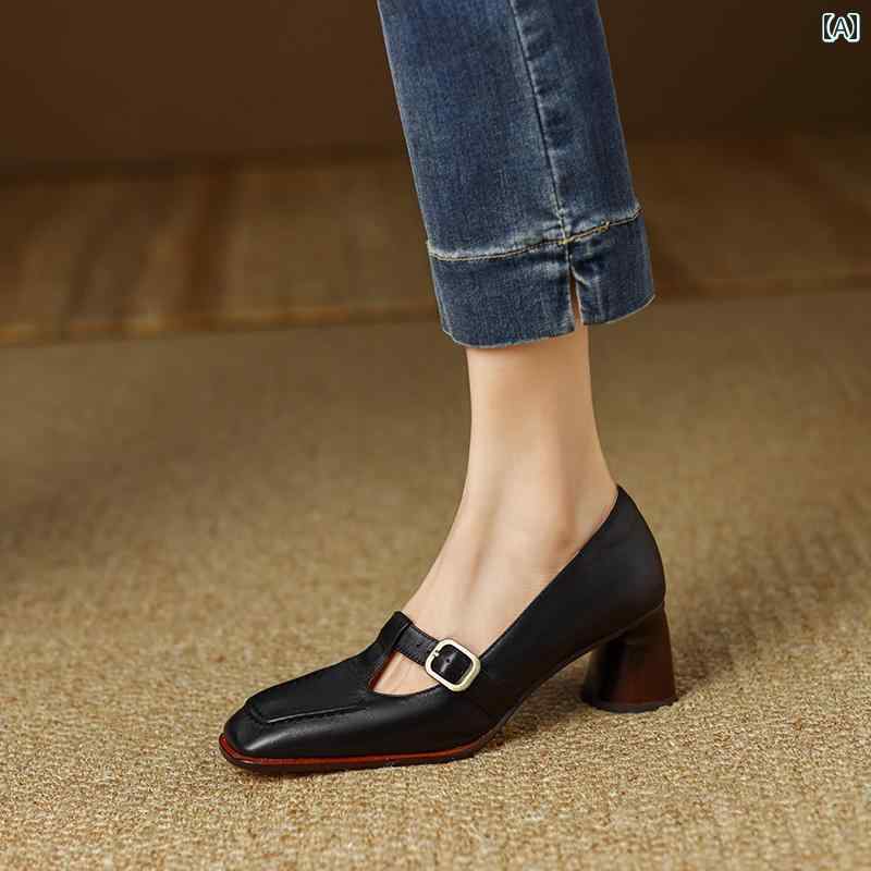 パンプス 革靴 レディース フレンチ レトロ スクエアトゥ 女性 T ストラップ 厚手 ヒール ソフトレザー ブラウン 小さい 革 靴 ミディアム ヒール ハイヒール ローファー