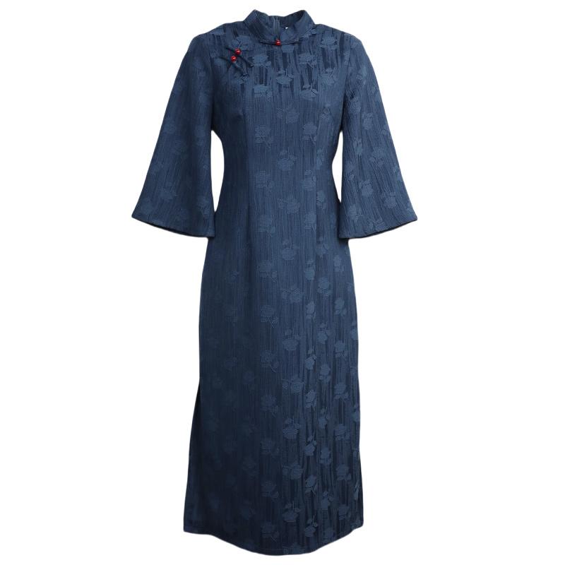 チャイナドレス レディース ワンピース ジャカード 日常着 ネイビー ブルー