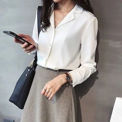 大人気 上品ブラウス レディース シャツ 長袖 シフォンブラウス Vネック 無地 大きサイズ フォーマルシャツ 30代40代 黒 白 ブルー