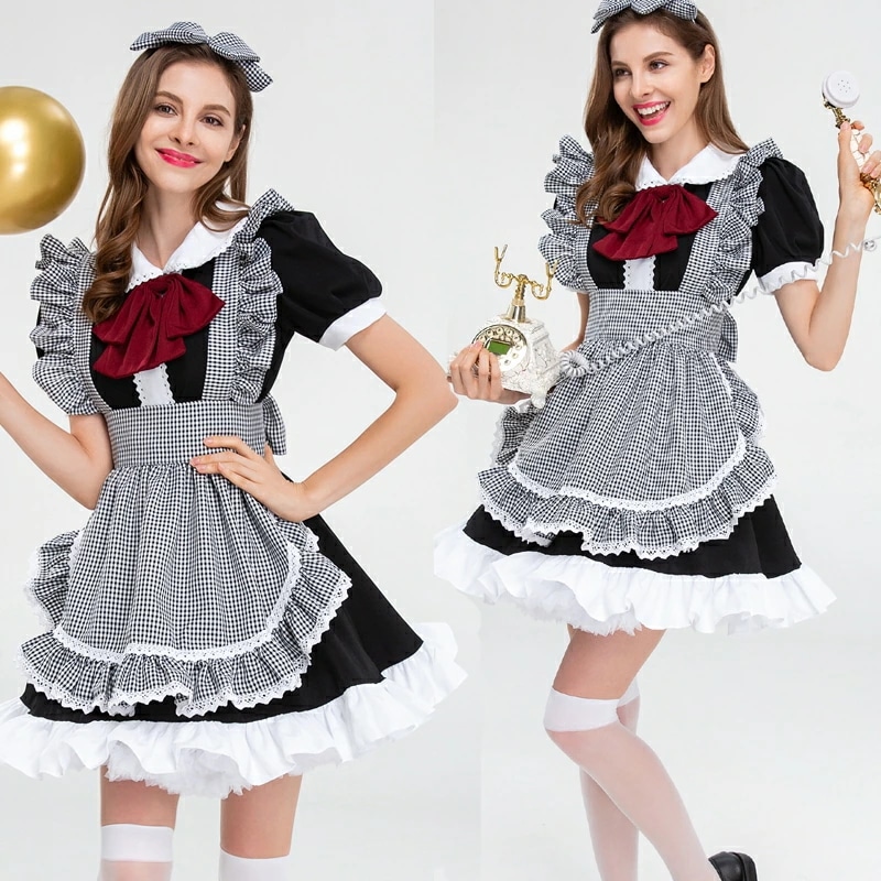 メイド服 コスプレ おしゃれ チェック柄エプロン メイド 服 衣装 クラシック 可愛い 可愛いコスプレ リボン カチューシャ ふりふり コスチューム かわいい 仮装 白襟 制服 襟付き セット 一式