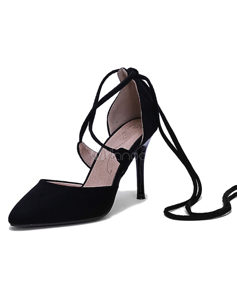 女性のための黒のサンダルストラップポインテッドトゥのスエードハイヒール