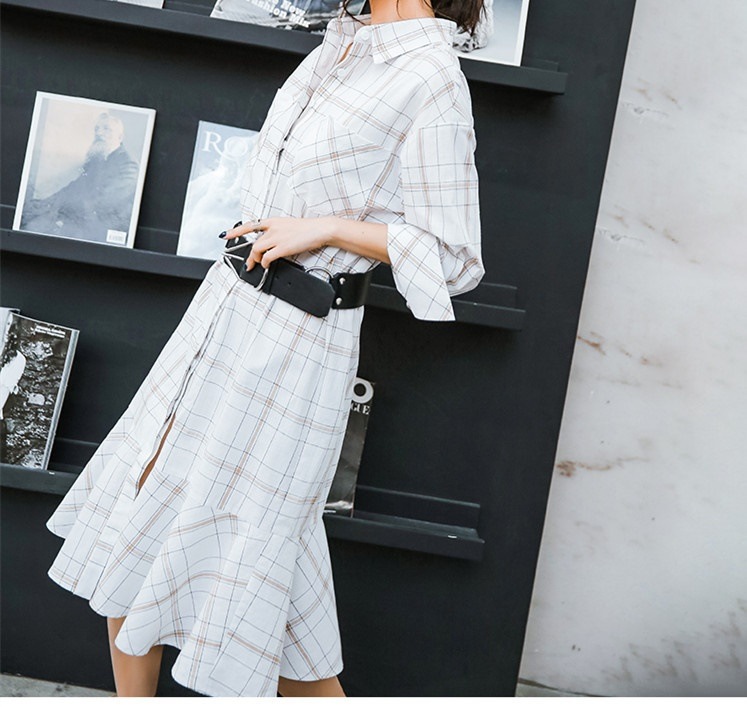 1089．チェック柄カジュアルワンピース（ホワイト）