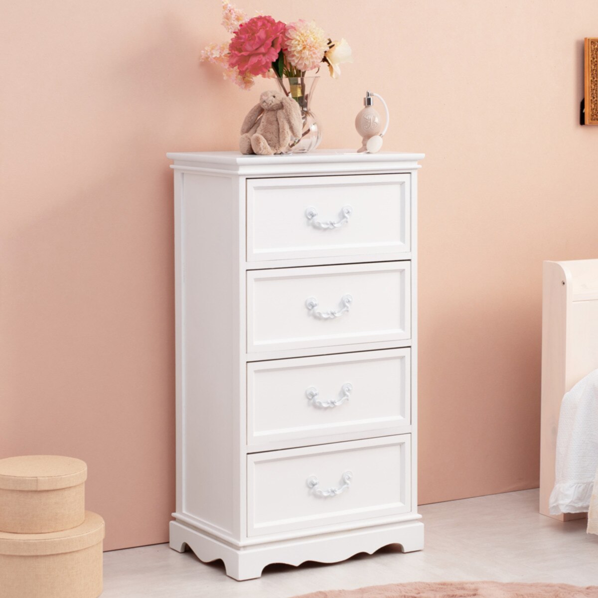 チェスト 4段 木製 カントリー調 シャビーウッド 幅50cm 姫系 白家具 ホワイト 桐製 引き出し 4杯 完成品 整理タンス サイドチェスト 衣類収納 リビング 収納