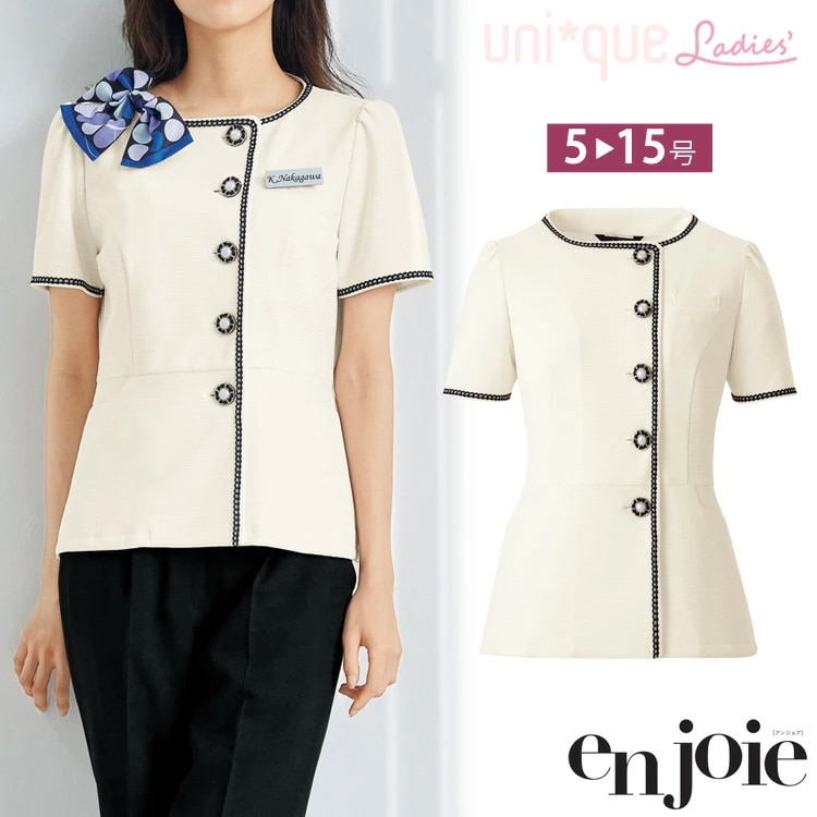 アンジョアレディース 半袖 オーバーブラウス 26550 ライトジャケット ストレッチ 透けにくい アイボリー ホワイトフラワーモチーフ オフィス ユニフォーム 制服 通勤 事務服 ママ服 ジョア