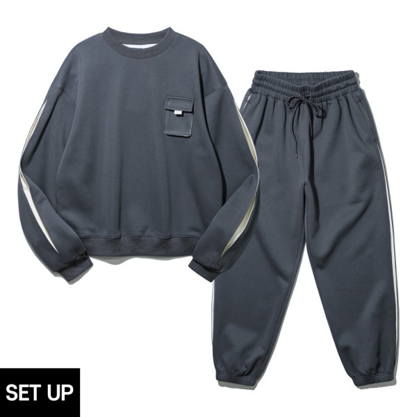 DE LUXE SET アルビンクロー 袖切開 配色 オーバーフィット マンツーマンTシャツ切開 ジョガーパンツセットアップ