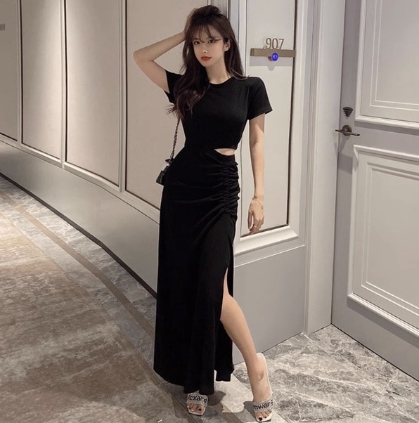 ワンピース 袖あり 半袖 タイト アシンメトリー デザイン シャーリング 美ライン ニュアンス サイドスリット レイヤード 伸縮性 スタイルアップ かわいい 大人可愛い きれいめ シンプル カジュアル