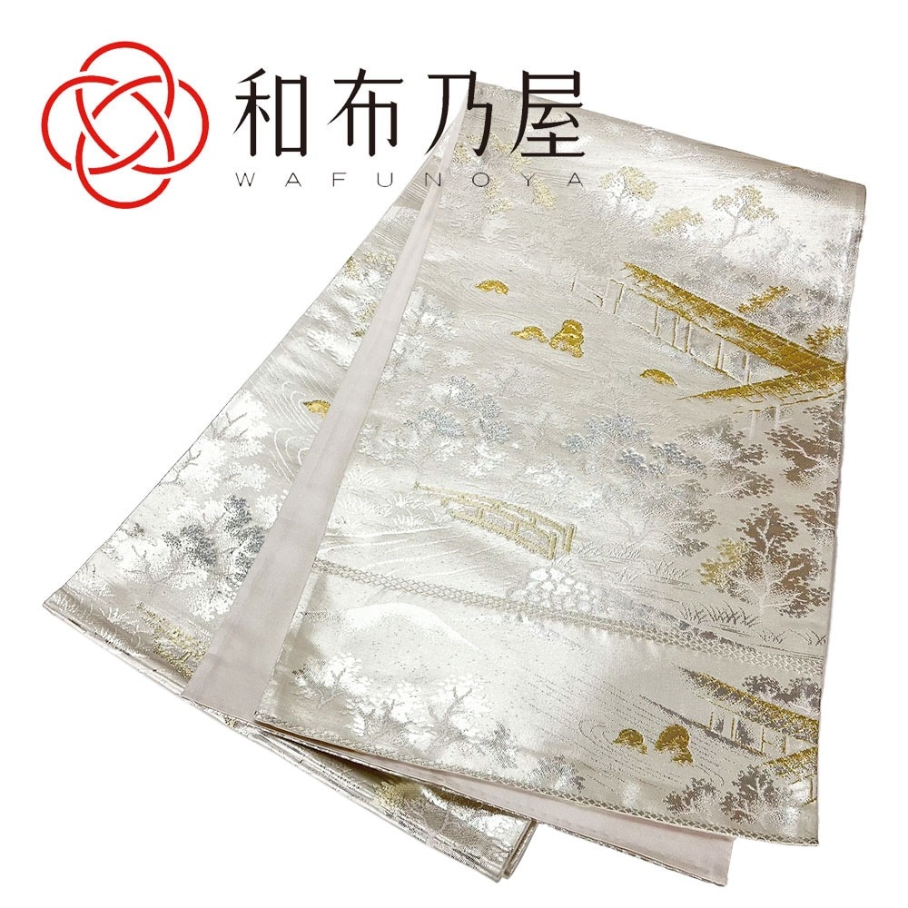 【中古】 袋帯 風景柄 枯山水 銀地 オフホワイト系 シルバー系 ゴールド系 正絹 シルク フォーマル用 六通 呉服 着物