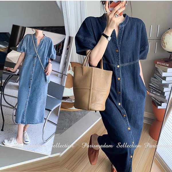 『目玉新商品』デニムワンピース　ダンガリーワンピース　パフスリーブ　ロングワンピース　ロング丈　半袖　女子会細く見える通勤通学20代30代40代50代60代