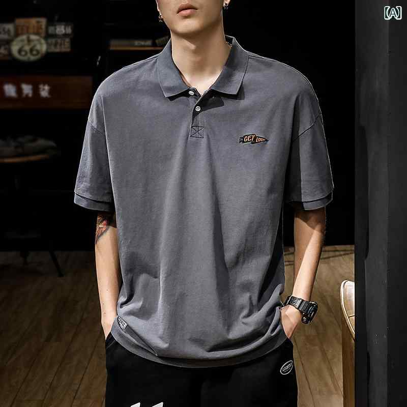 大きいサイズ ポロシャツ アメリカン レトロ ヘビーウェイト 綿 半袖 メンズ tシャツ 男性用 ハイエンド コットン ドロップスリーブ 夏