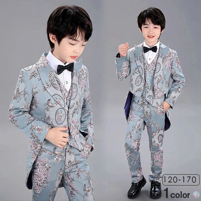 キッズ タキシード 男の子 4点セット 花柄 子供 スーツ 120-170 cm 結婚式 発表会 リングボーイ 燕尾服 男児 男子 ステージ衣装 舞台衣装 卒業式 卒園式 ダンス衣装