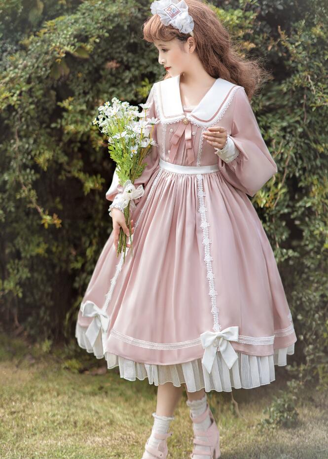 ロリータワンピース 長袖 ミモレ丈ドレス 可愛いロリータ服 スカラップ 萌え萌え ロング丈ロリータワンピ プリンセス風 お姫系 ドレス 学園祭 文化祭 撮影衣装 コスプレ 発表会 兎の耳 ピンク ブル