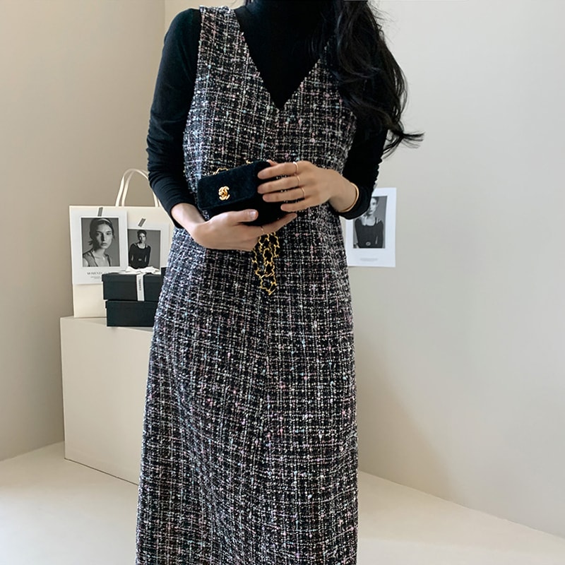 Vネックツイード スリーブレス ワンピース OHCA0131