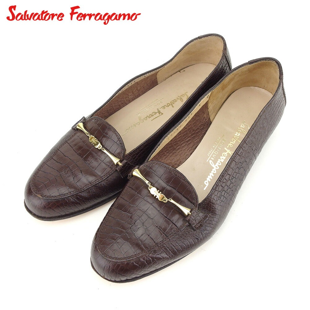 ローファー パンプス シューズ 靴 クロコ調 6D ガンチーニ ブラウン ゴールド 中古