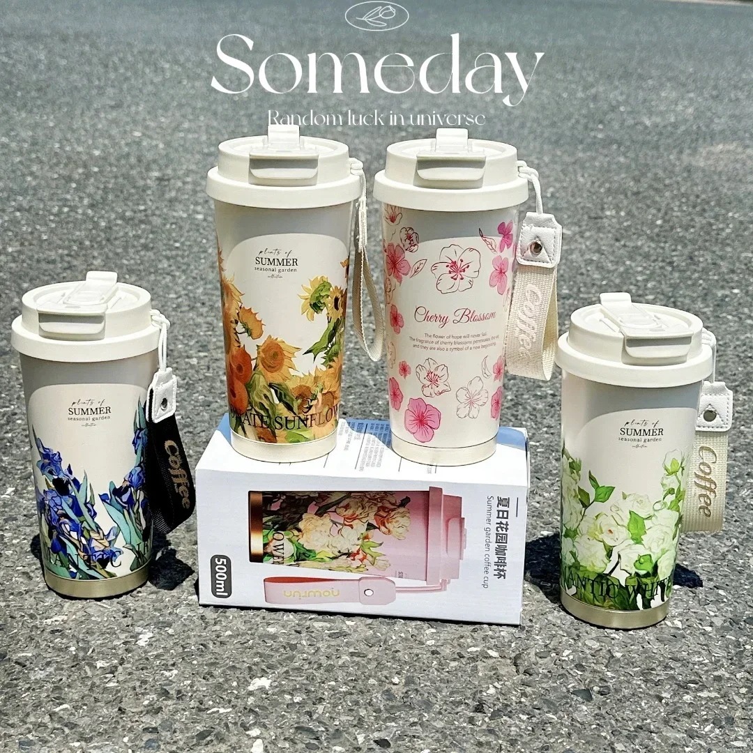 ハンドル付きステンレス鋼断熱コーヒーカップサーマルマグ花真空フラスコ女性用魔法瓶ストロー500ml - 15