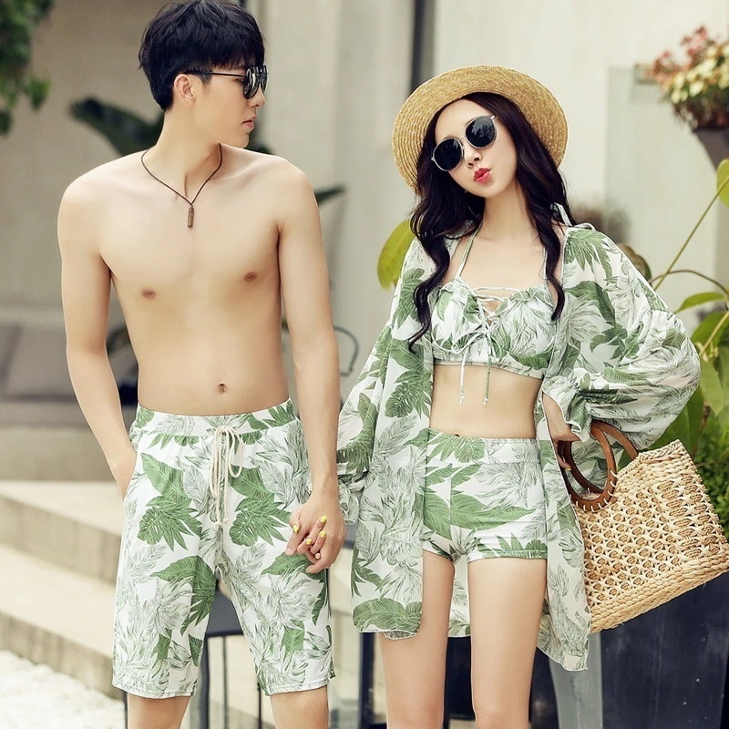 カップル水着温泉休暇ファッションスプリットスチールブラケットギャザースリーピースセットアウター水着メ 母の日-0009744