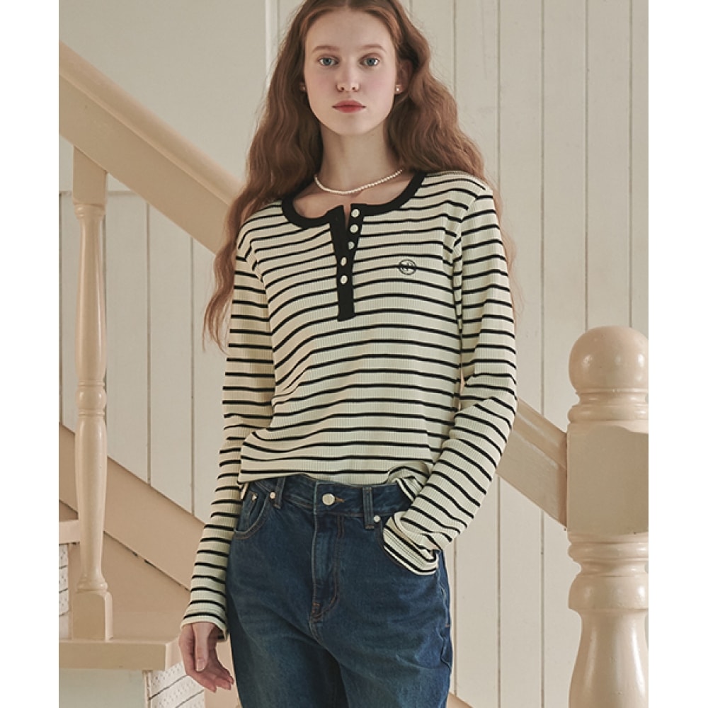 RONRON ヘンリーネック長袖ブラックストライプ