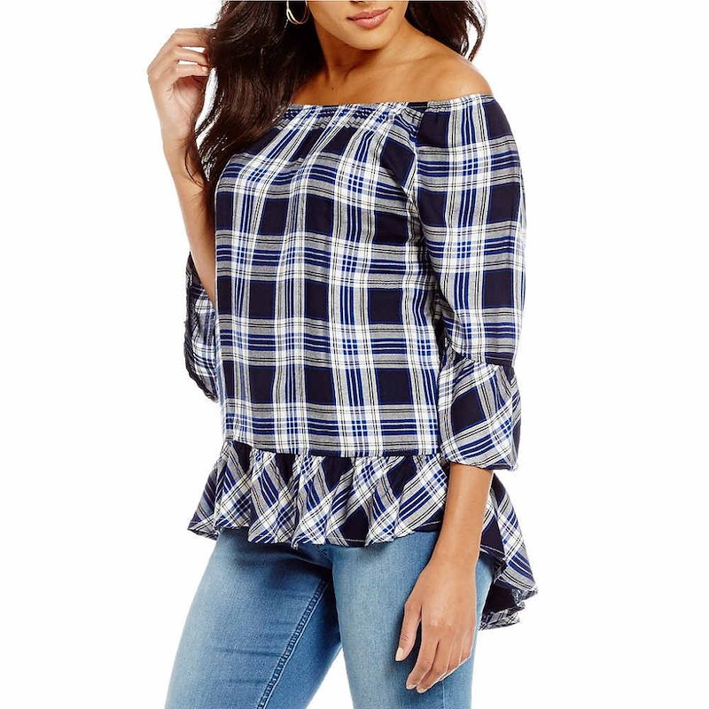 ウエストバウンド レディース トップス ブラウス・シャツ【Westbound Petites Plaid Peplum Top】Dark Navy Plaid ウエストバウンド レディース トップス ブラウス・シャツ【Westbound Petites Plaid Peplum Top】Dark Navy Plaid