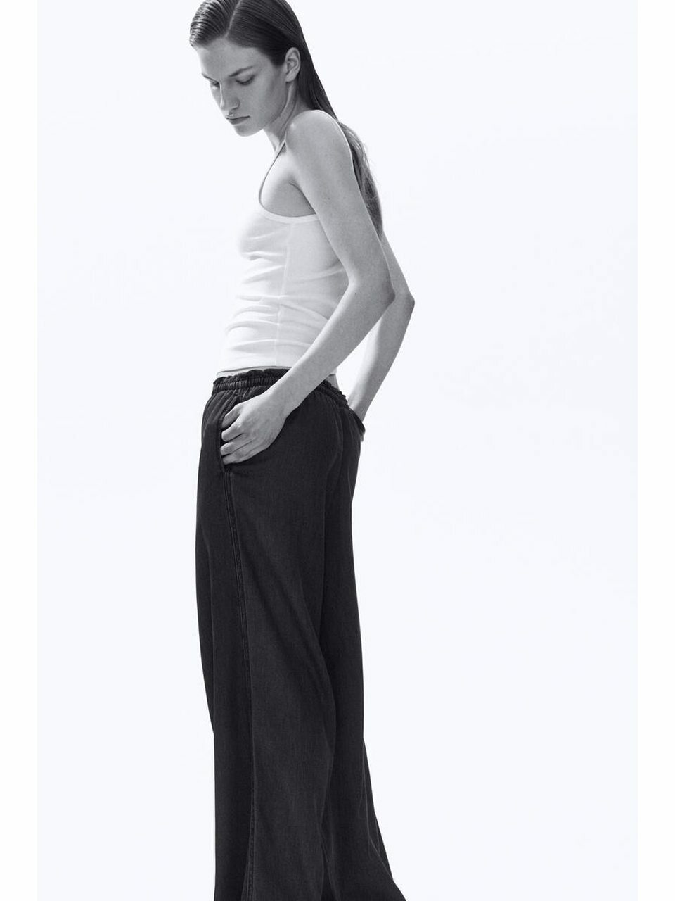 H&M ペーパーバックワイドパンツダークデニムブルー 1327536005