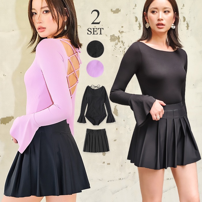 【国内発送】 水着 レディース 体系カバー 冬秋春夏 水着 レディース 体型カバー ワンピース プリーツスカート 2点セット おしゃれ 長袖 レオタード 袖付き 上下セット セットアップ 20代 30