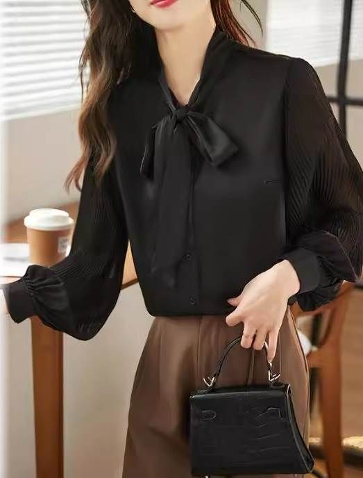 レディース 入学式 シフォン パフスリーブ おしゃれ Vネック ボウタイ 襟なし 大人可愛い シャツ 長袖 ボタン プリーツ きれいめ トップス リボンタイ ブラウス エレガント かわいい カジュアル