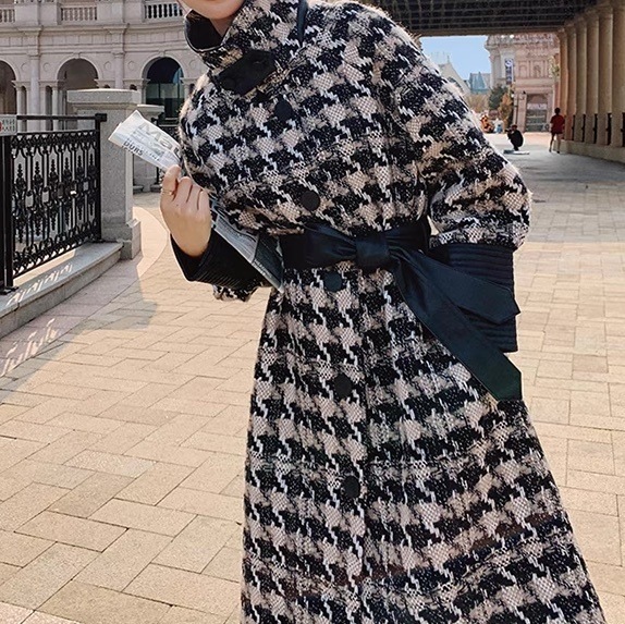 レディース コート アウター 上着 チェックコート ロングコート ロング 長袖 Vネック 襟付き フェミニン ウエストマーク ハイウエスト 切り替えデザイン ドッキング ツイード ベルト付き かわいい