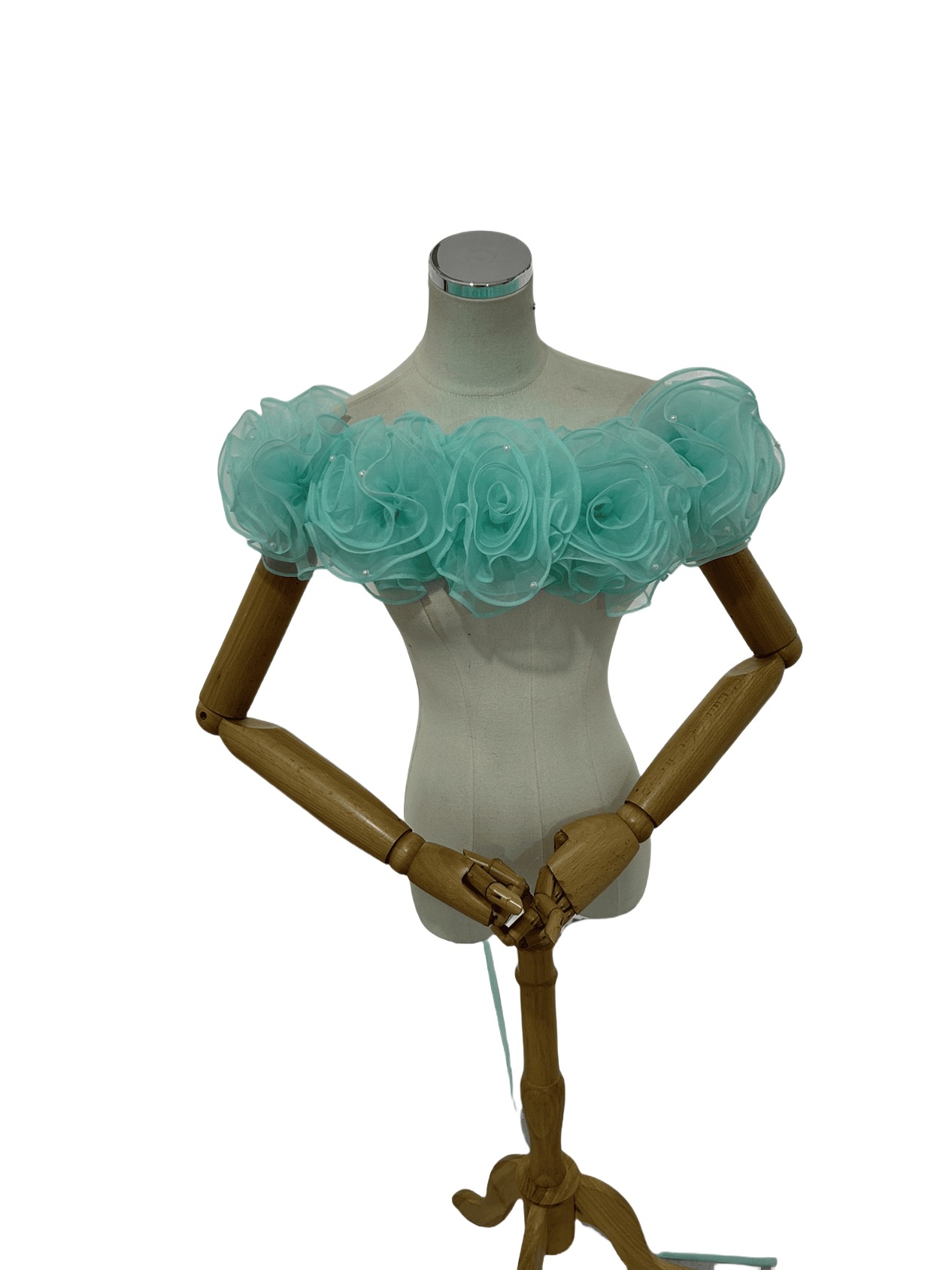 オフショルダー 取り外し 花モチーフ 可愛い 編み上げ ハンドメイド オーガンジー グリーン