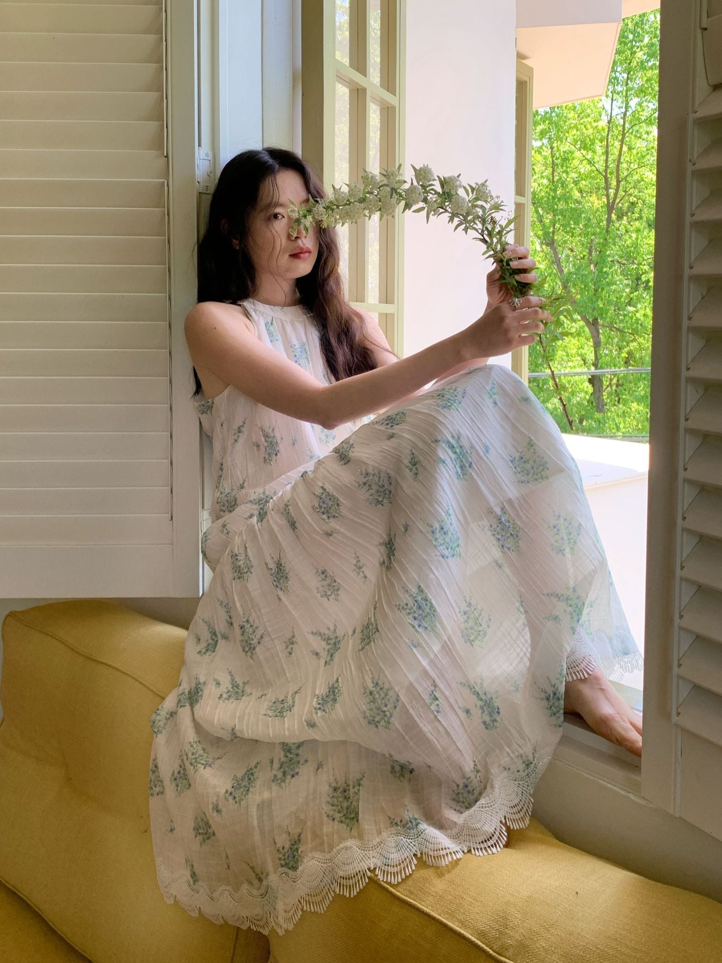 夏の甘い仙気の清新な砕花の袖なしの首のストラップのワンピースの女性s5 352