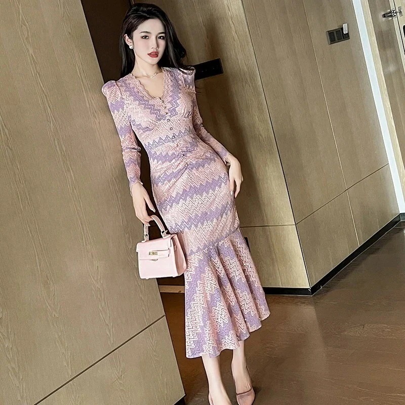 【JY.上品】 秋冬 柄 Vネック マーメイド ロングワンピース パーティードレス キャバ 着痩せ 大人 同窓会 披露宴 卒業式 結婚式 演奏会 ウェディング 二次会 発表会