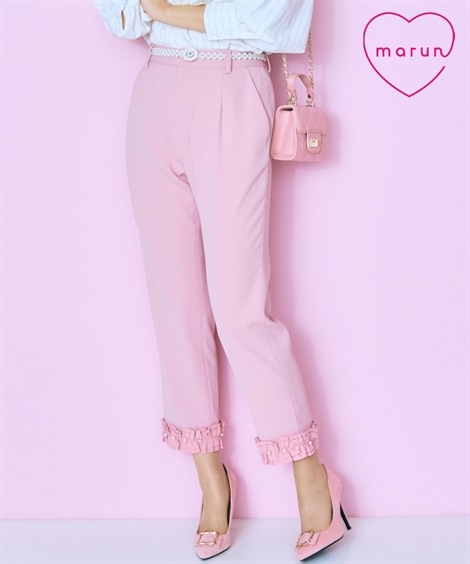 ロングパンツ 大きいサイズ 異素材フリル裾パール調テーパードパンツ　marun
