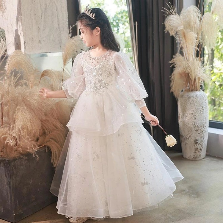 子供ドレス 白 ピアノ発表会ドレス ロングドレス ラインストーン パール スパンコール 素敵 キレイめ 女児ドレス パフスリーブ 7分袖 可愛いドレス フリル ホワイト 演奏会ドレス キッズドレス フ