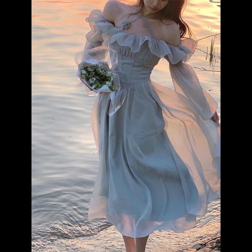 ワンラインカラーフリルバックレスドレスレディースサマードレスピュアラスティウエストオフショルダーロングドレス